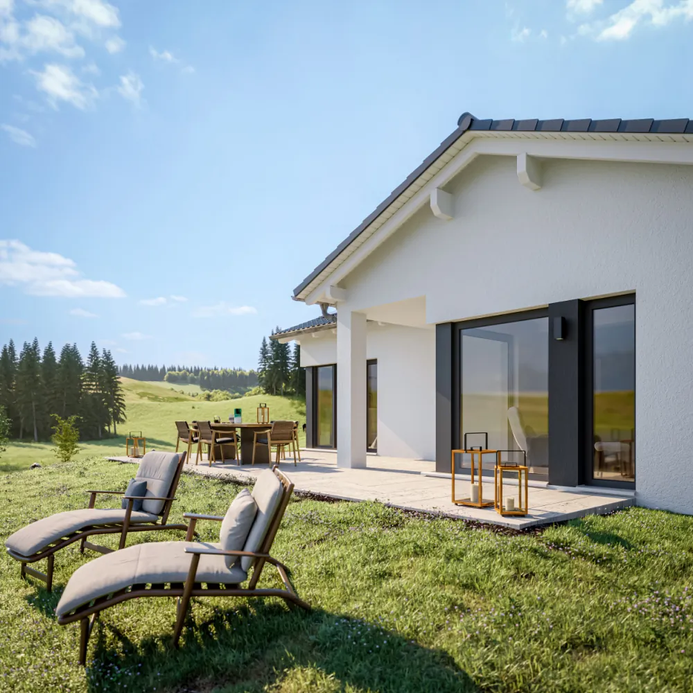 Terrasse eines Neubaus mit Gartenmöbeln